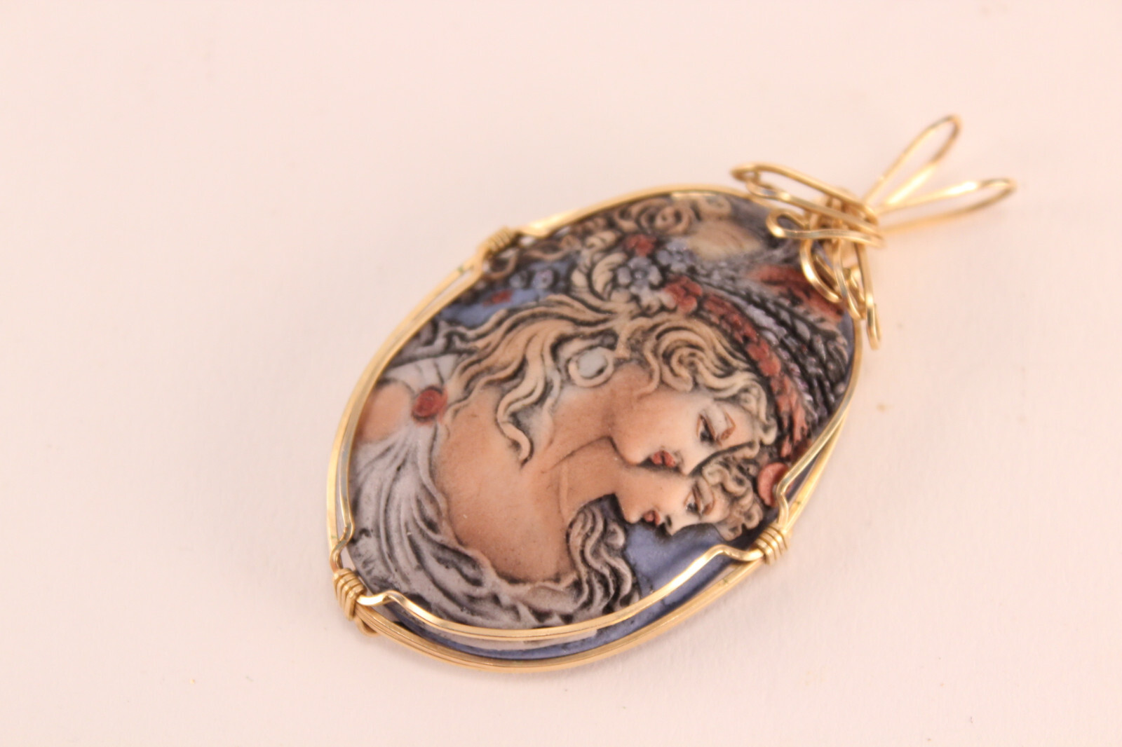 Bisque Porcelain 2 Ladies Cameo Gold-Filled Wire Wrap Jewelry Pendant JHK Signed