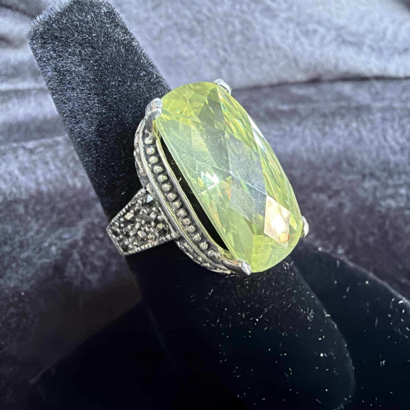 Vtg Sterling Silver Ring .925 Sz 7.5 Marquis PALE Yellow Stone Cocktail Coquette