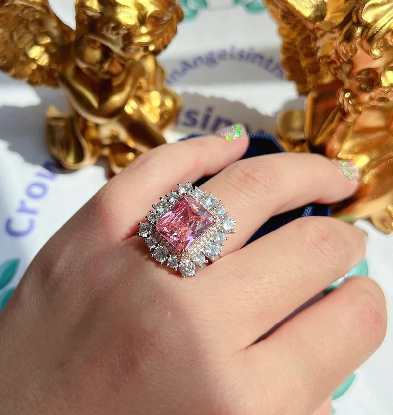 4.90Ct Cushion Cut Natural Pink Sapphire & Diamond 14K White Gold Wedding Ring
