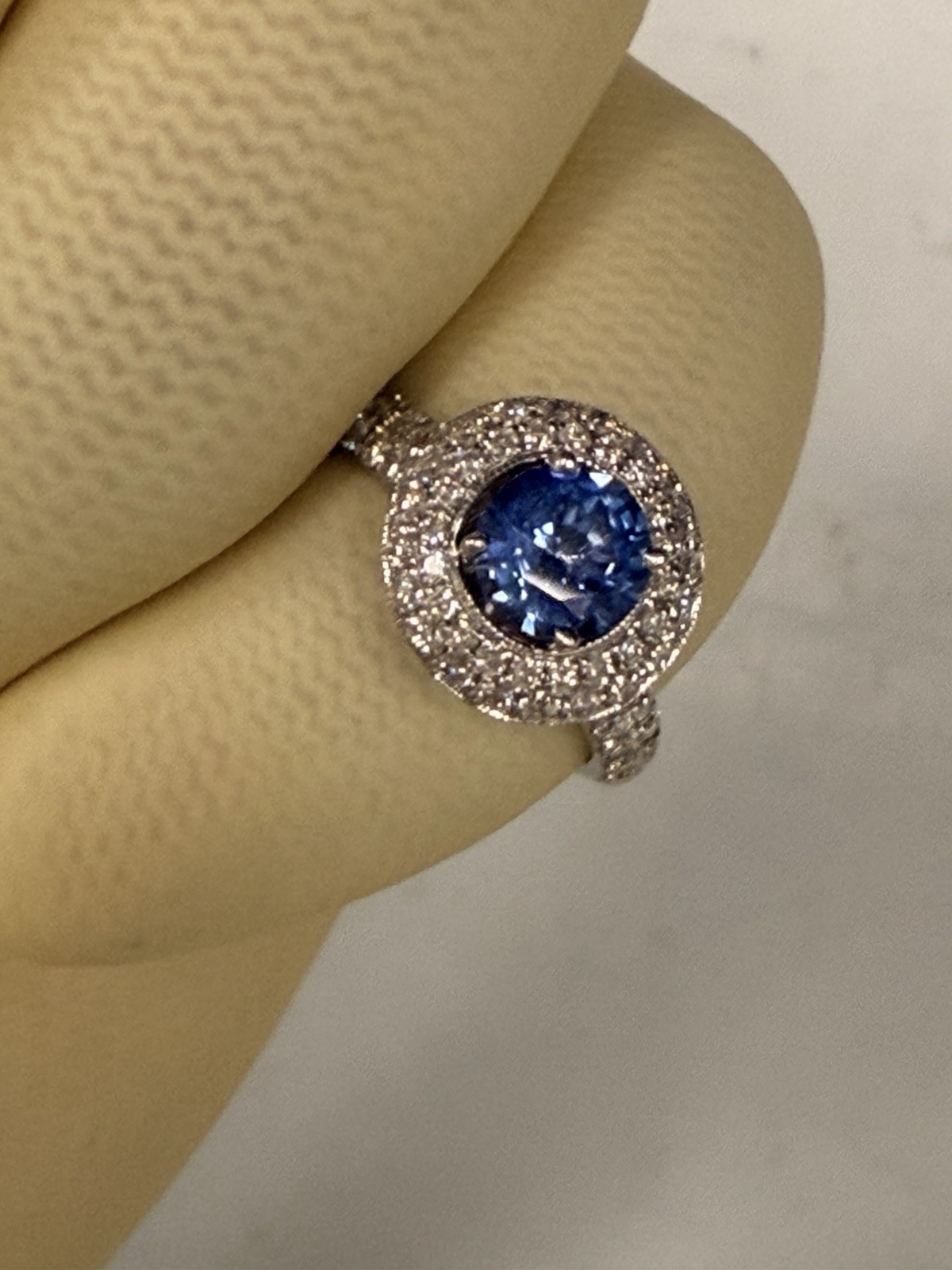 Neil Lane Sapphire and CZ 14k White Gold Ring. Halo Design, Size 5