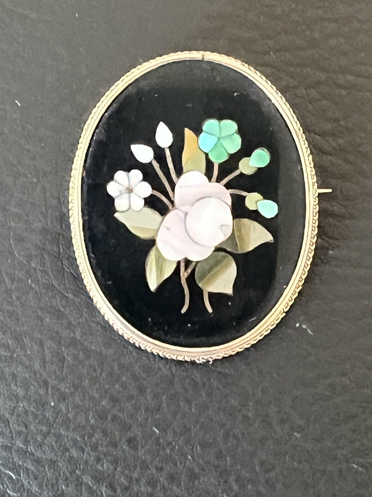 Vintage Antique Italian Pietra Dura Inlay 14k Yellow Gold Brooch Pin Flowers