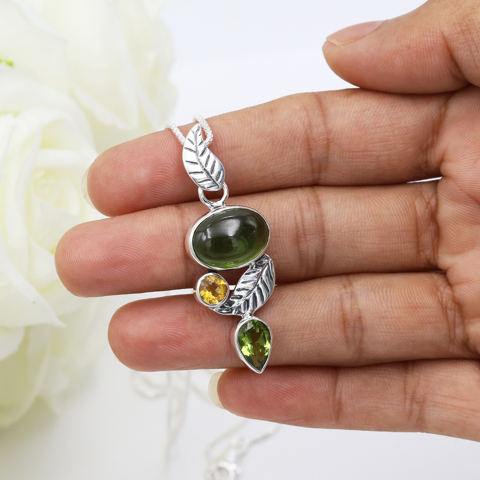 Peridot Leaf Necklace 925 Sterling Silver Gemstone Pendant for Women Gift