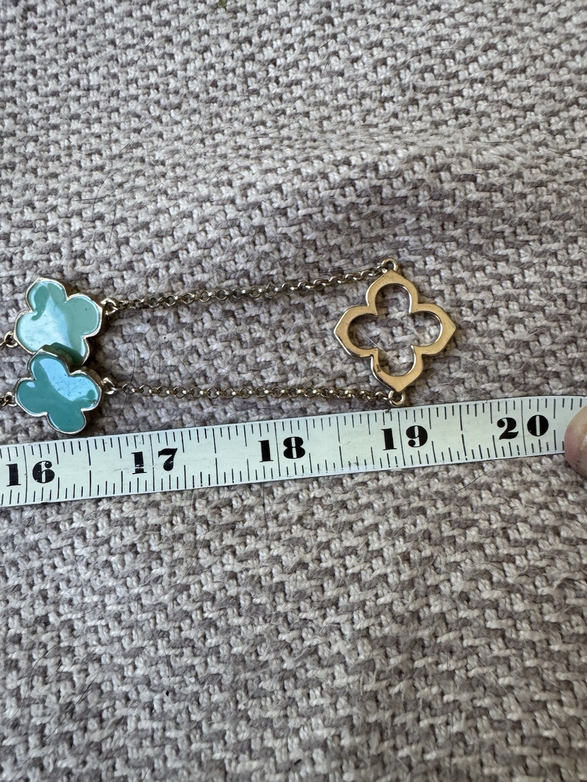 Vintage Gold Tone Metal and Turquoise Enamel Clover Leaf Shaped 38” Necklace
