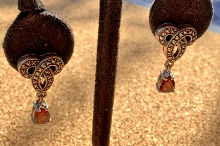 Designer Sterling Silver Marcasite & Garnet Dangle Drop Earrings Signed ACI