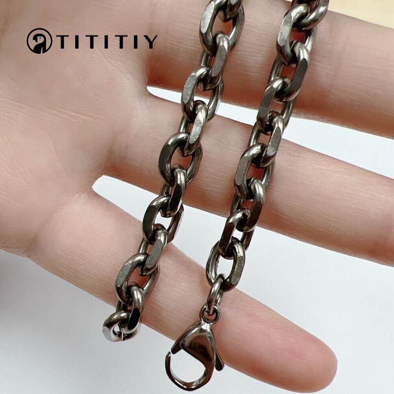 TA1 7mm Pure Titanium Diamond Cut Link Chain Bracelet Men Women Ultra Light Gift
