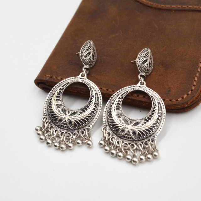 Boho Ethnic Antique Silver Crescent Chandelier Dangle Fringe Bohemian Earrings