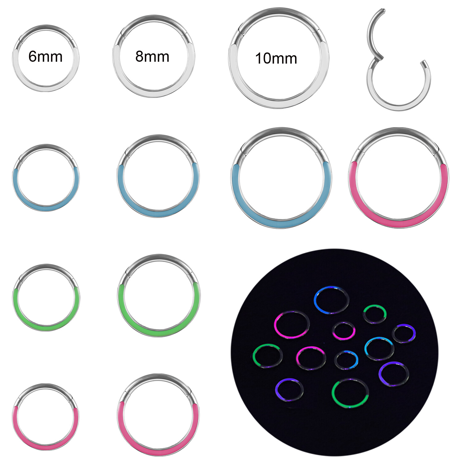 1 Pc Titanium Hinged Nose Ring Glow in the Dark Septum Clicker Daith Earring 16g