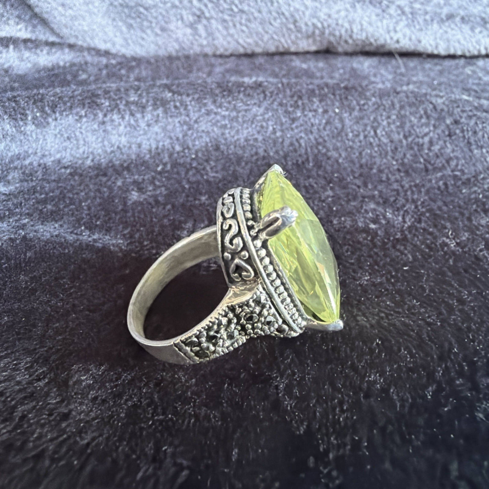 Vtg Sterling Silver Ring .925 Sz 7.5 Marquis PALE Yellow Stone Cocktail Coquette