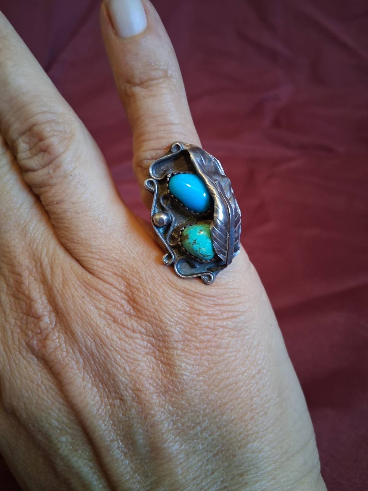 Vintage Sterling Native American Silver Ring 2 Stone Leaf Ring Sterling 4.5