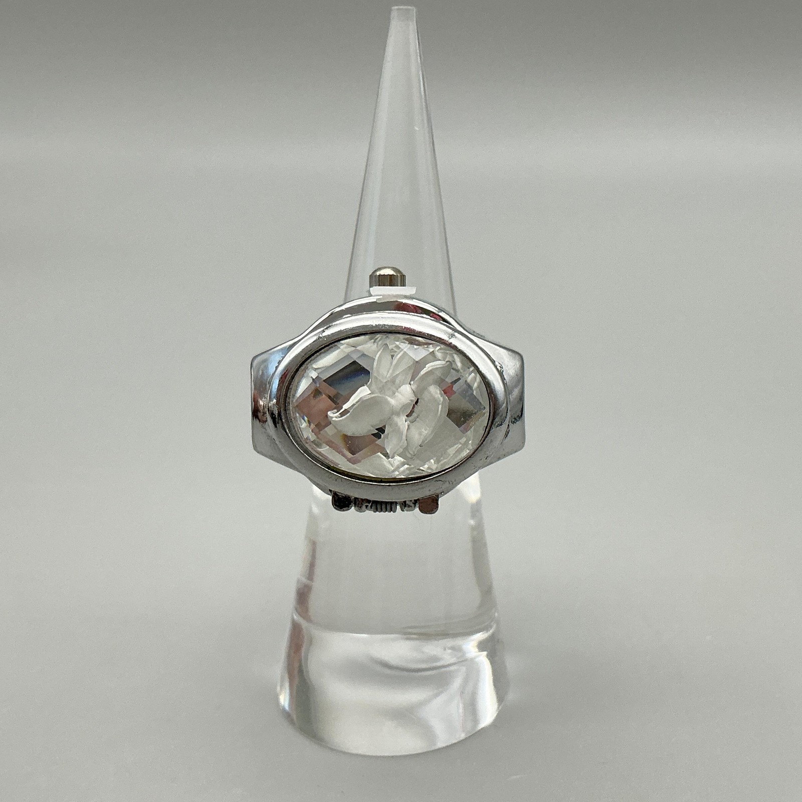 Bozhi Ring Watch Womens 20mm Hidden Dial Clear Crystal Floral New Battery