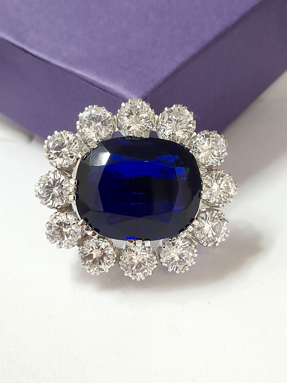 Lab Blue Cushion Cut Halo Fine 925 Silver Brooch Queen Victoria Inspired Jewelry