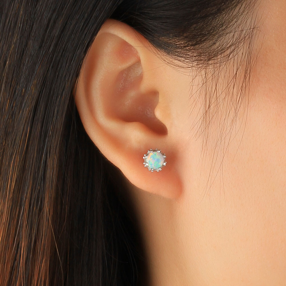 NEW Simple and Elegant 925 Silver Stud Earrings, White, Blue, Pink Fire Opal