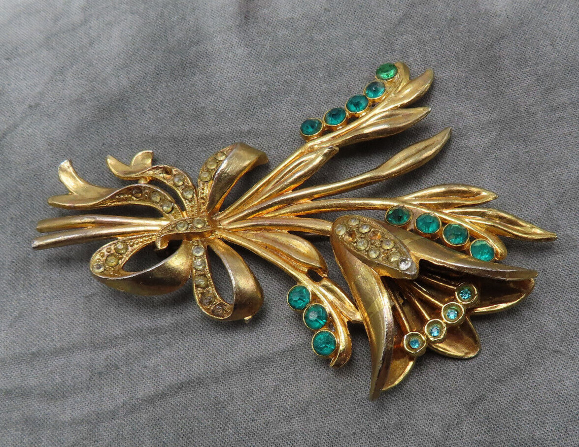 Antique Rhinestone Brooch Flower Clear Green Crystal 3.75 in OOAK Vintage 253f