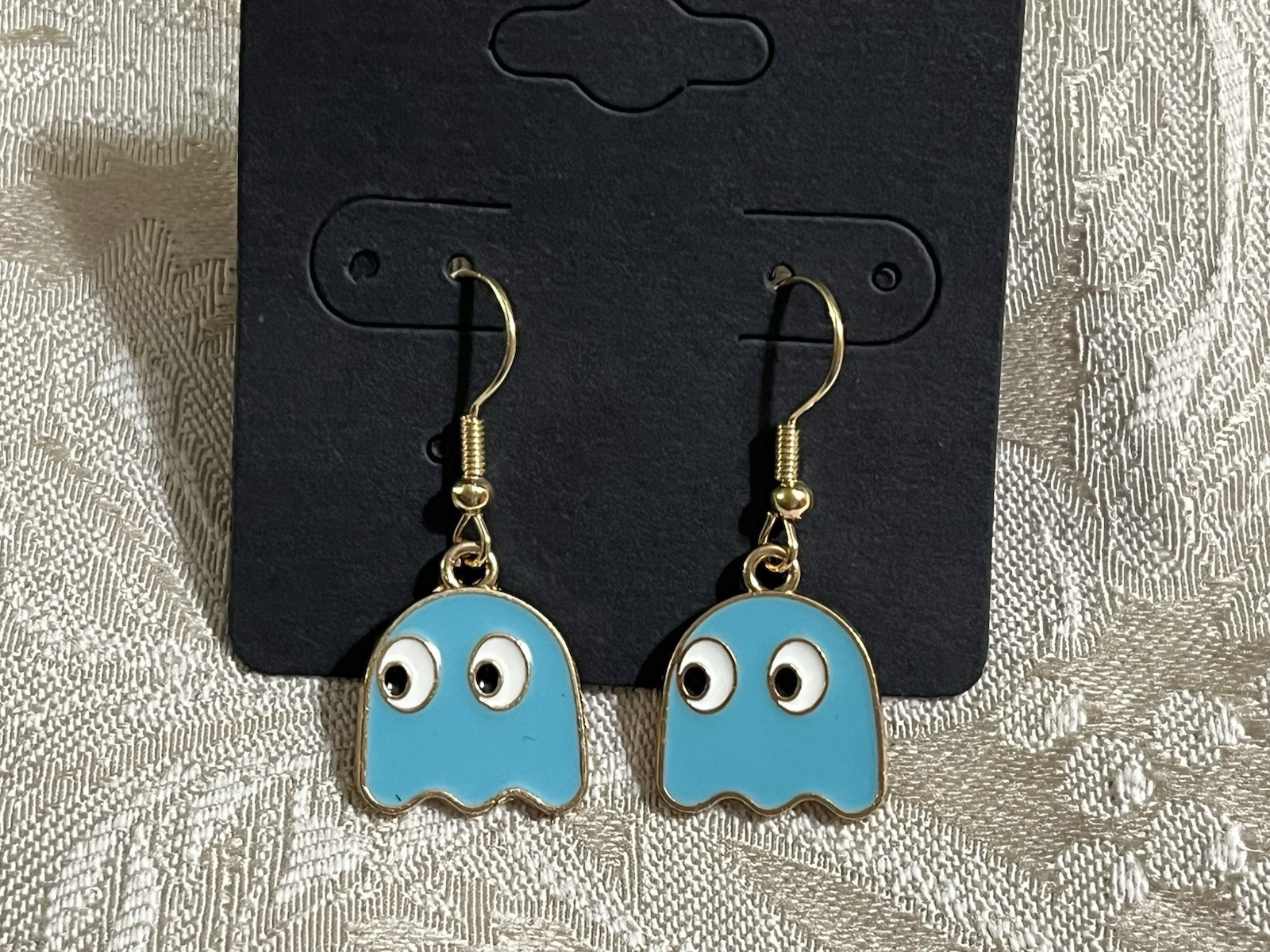 PAC Man INKY BLUE GHOST Gold Loop Enamel Drop Dangle Adorable Earring Set
