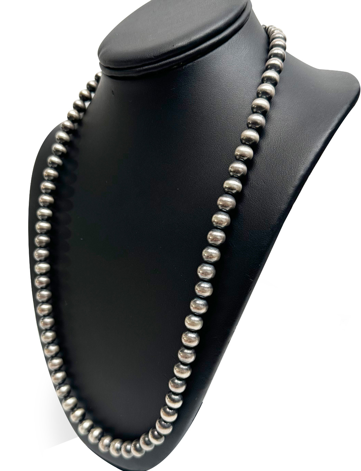 Native American 8mm Sterling Silver Navajo Pearls 26″ w 2” Extender Necklace