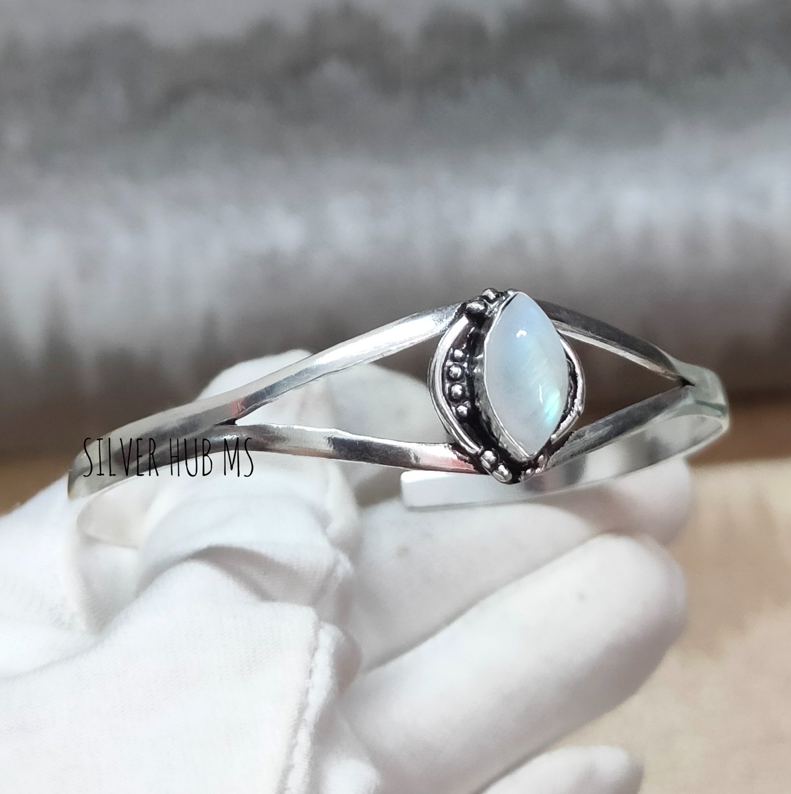 Natural Rainbow Moonstone marquise Handmade 925 Sterling Silver Bangle Cuff