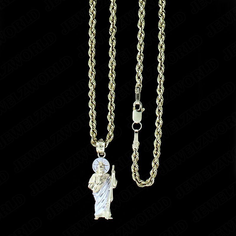 Real 10K Yellow Gold Saint Jude San Judas Pendant With 2mm Rope Chain Necklace