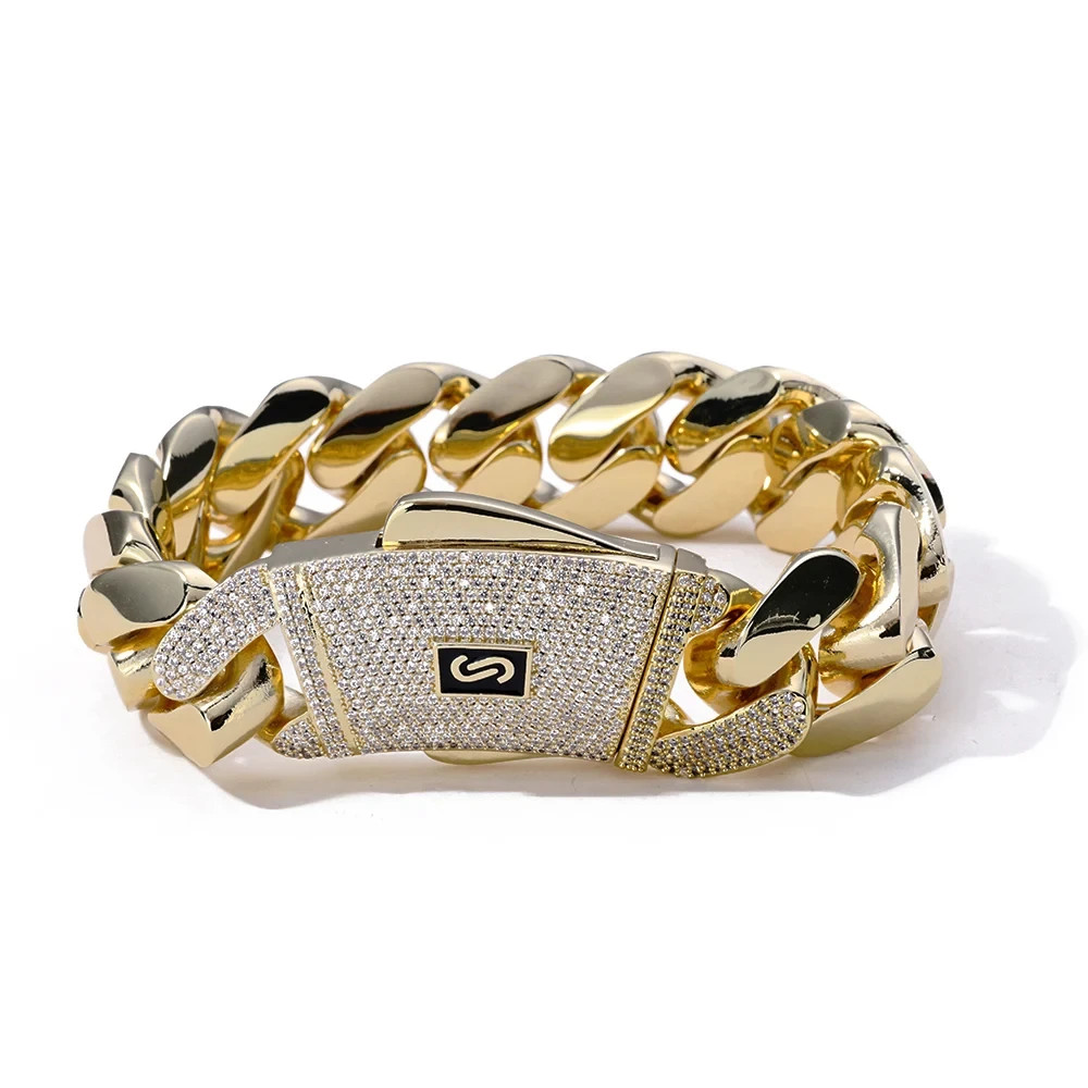 5AAA+ CZ 20mm Cuban Link Chain Necklace Bracelet Gold Plated Brass Iced Out