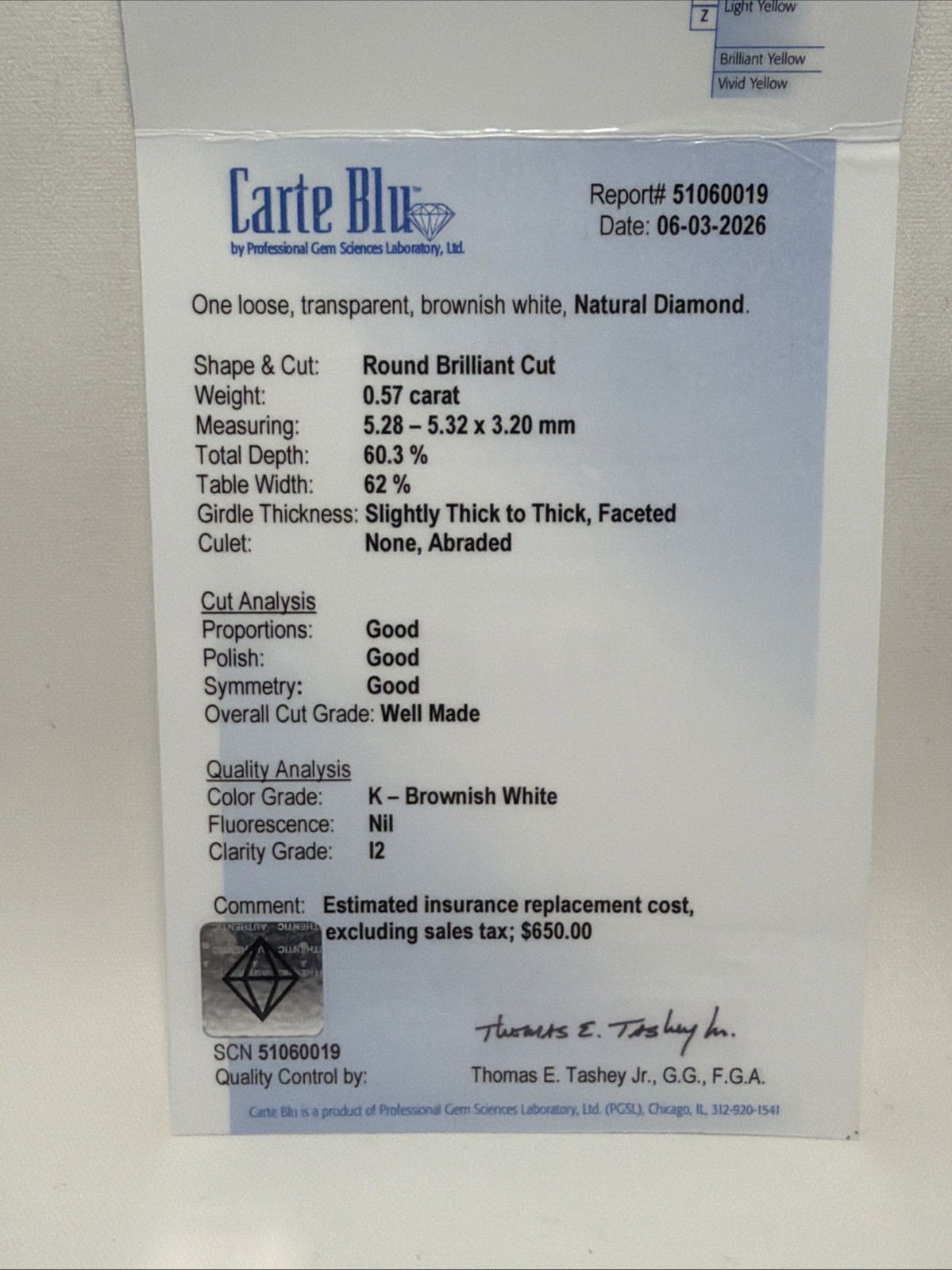 Carte Blu Cert 0.57 carat round brilliant K color ,I2 clarity Natural Diamond