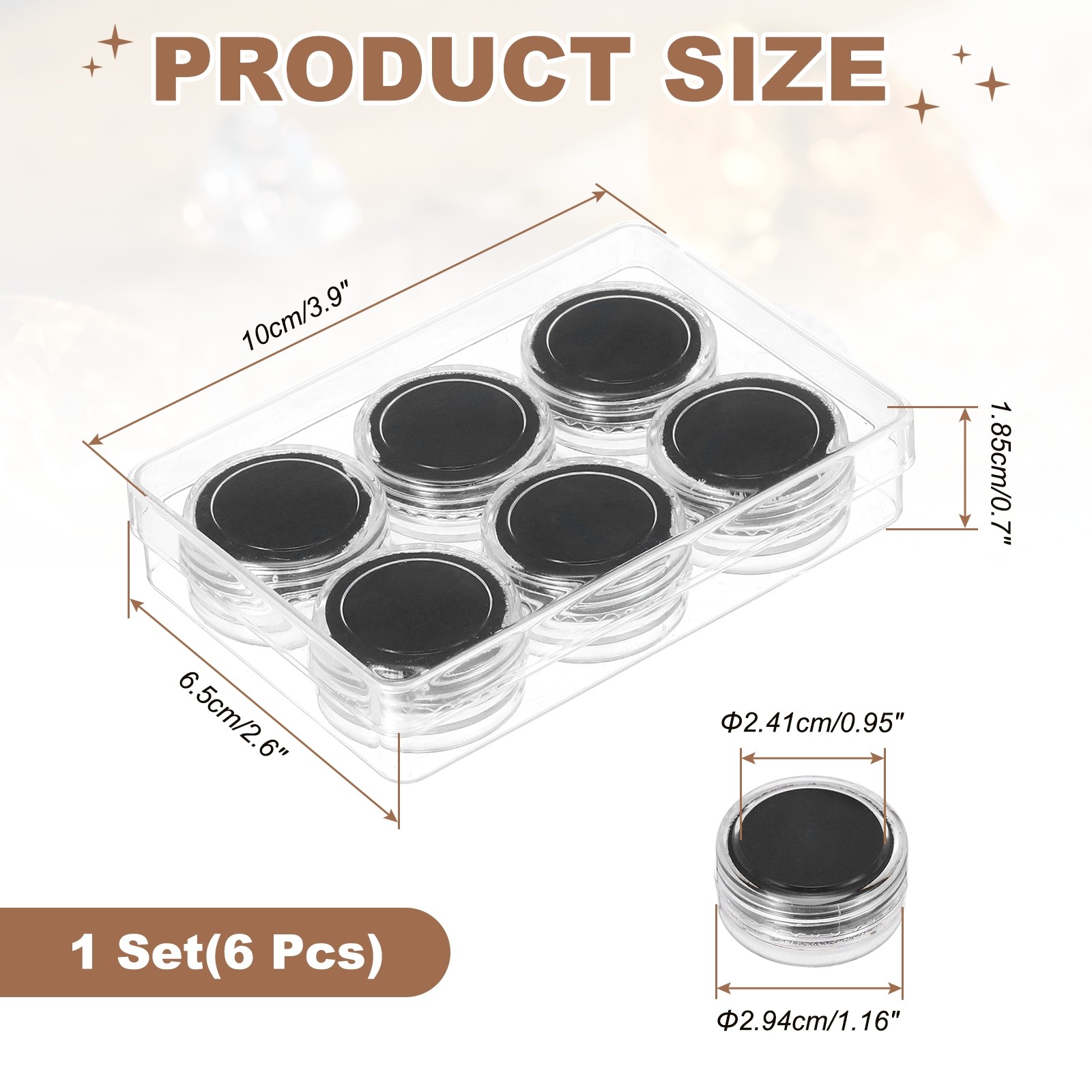 3.9×2.6×0.7 Inch Gemstone Display Box 6 Pcs Round Containers, Black
