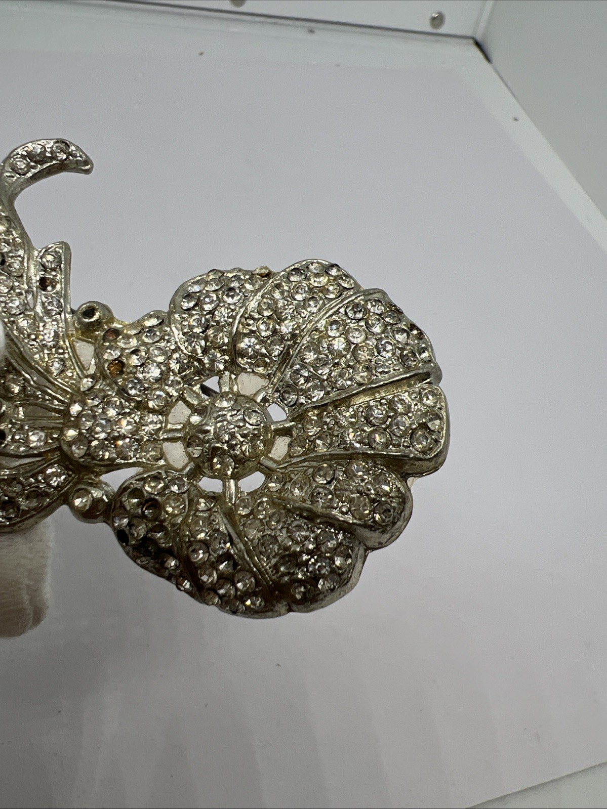 Art Deco Pave Set Clear Rhinestone Flower Brooch 3 1/4 in. Vintage Antique 1920s
