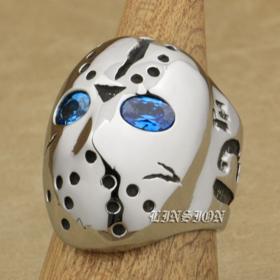 Stainless Steel Blue CZ Eyes Halloween JS Hockey Ring Punk Jewelry 3F101D
