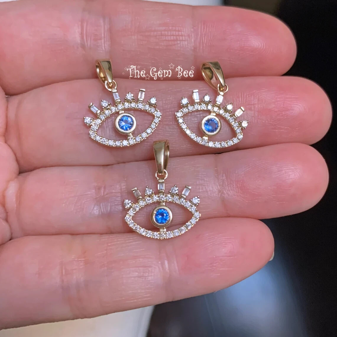 14.2mm 14K Yellow Gold Diamond blue Sapphire Evil Eye Protection Charm Pendant