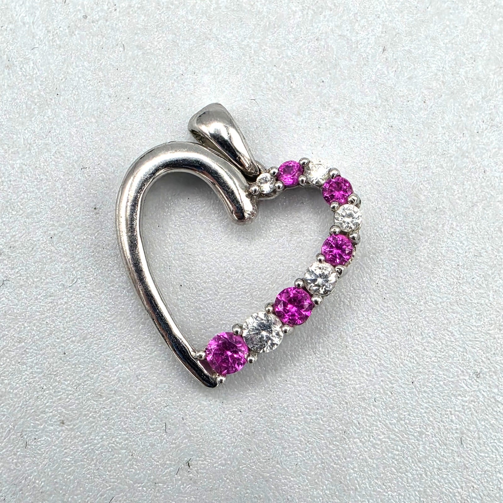 Vintage 10k White Gold Clear and Pink Lab Created Sapphire Heart Pendant, 1.95g