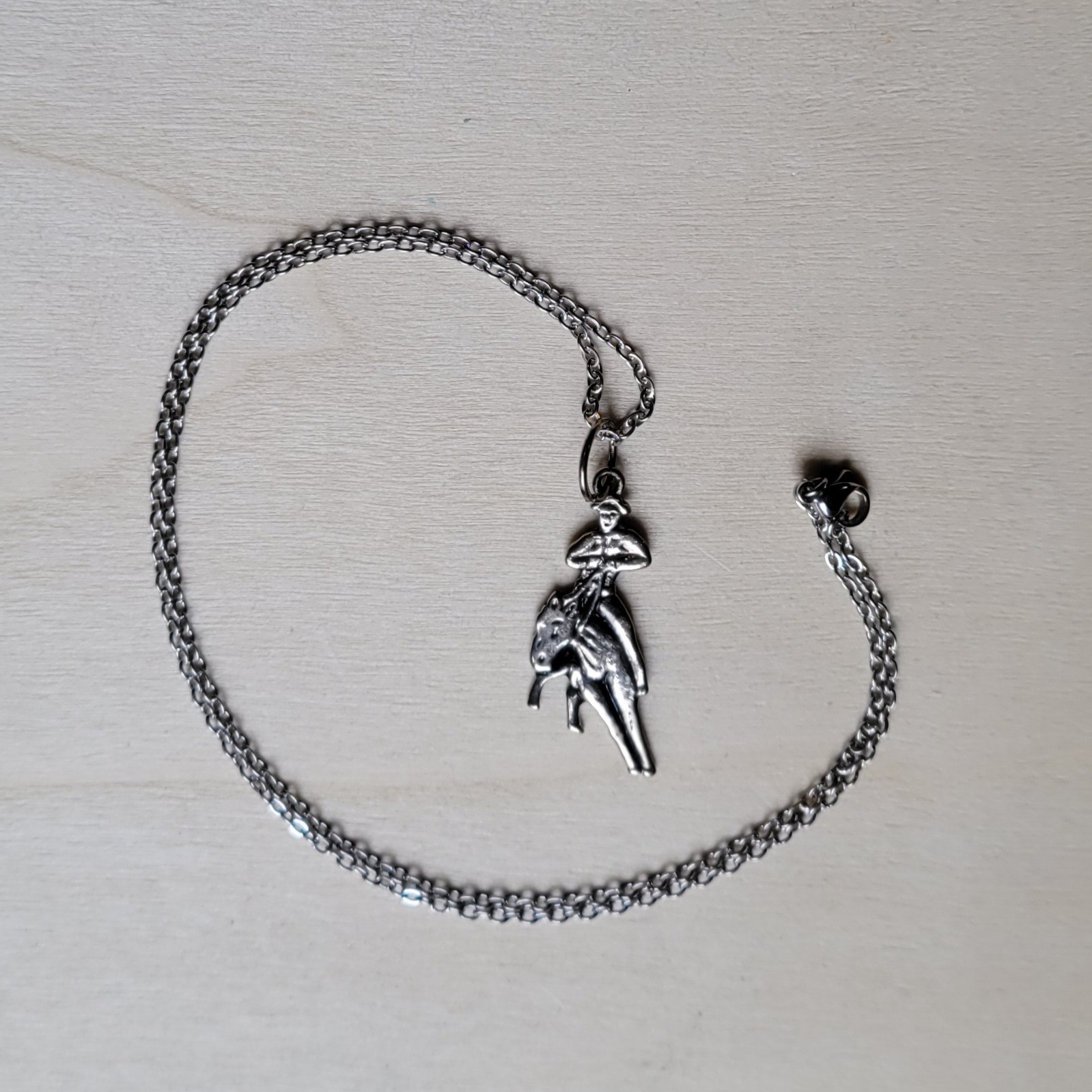 Western Cowboy On Horse Pulling Back The Reins Silver Tone Pendant 18in Necklace