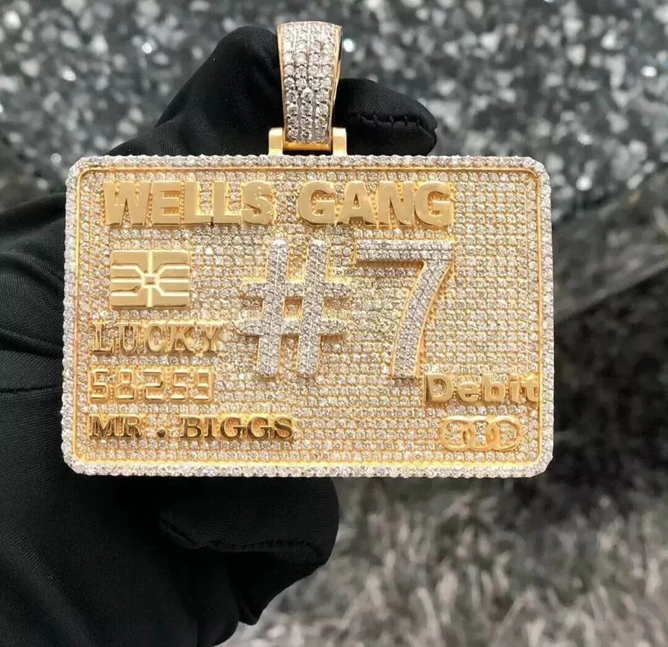 Men’s Real Moissanite Custom Number Name Card Pendant 14k Yellow Gold Plated