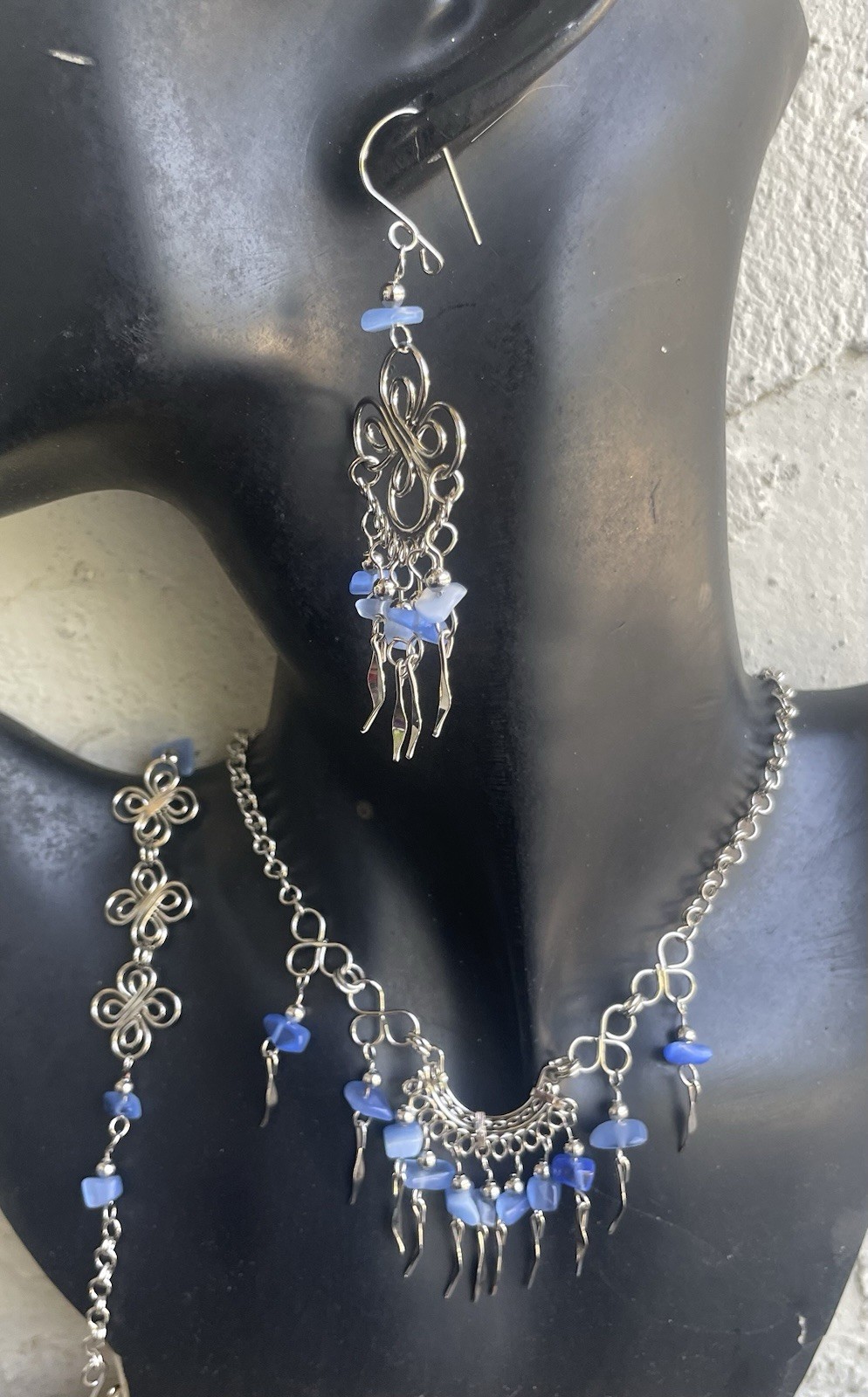 Peruvian Blue Cascajo Chip Nugget Long Necklace Bracelet Earrings Set Peru Boho
