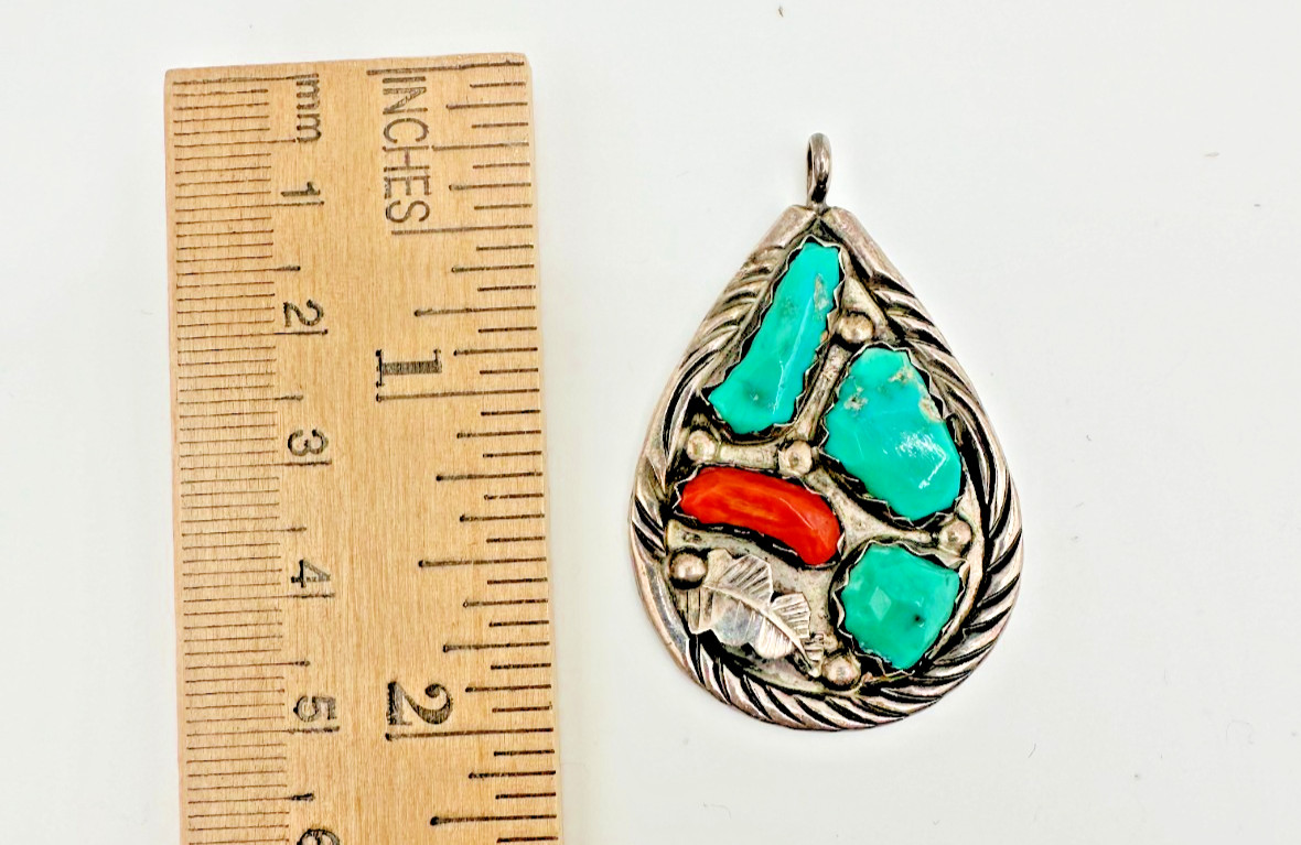 Vintage Cheama Zuni Sterling Silver Turquoise Red Coral Pendant 925 10.4 grams