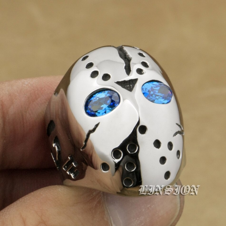 Stainless Steel Blue CZ Eyes Halloween JS Hockey Ring Punk Jewelry 3F101D