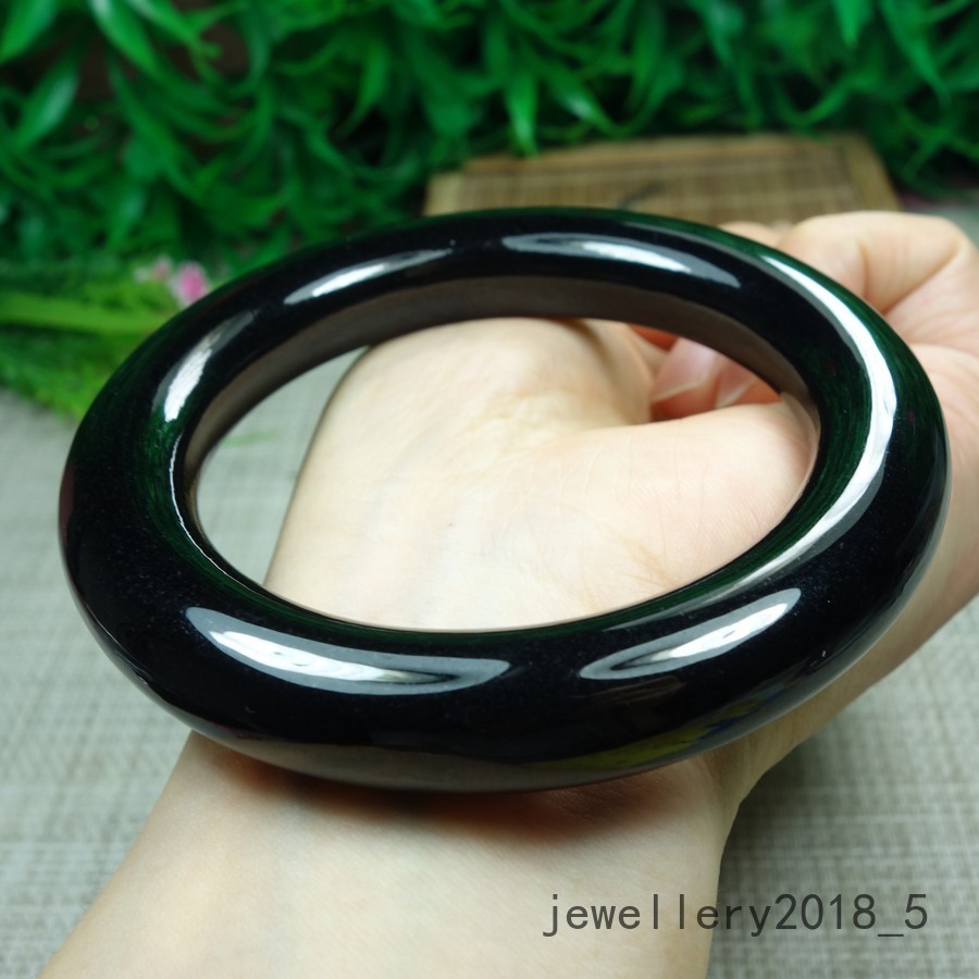 Certified Black Green Burma 100% Natural A Jadeite jade Bracelet 墨翠 圆条玉手镯 58.9mm