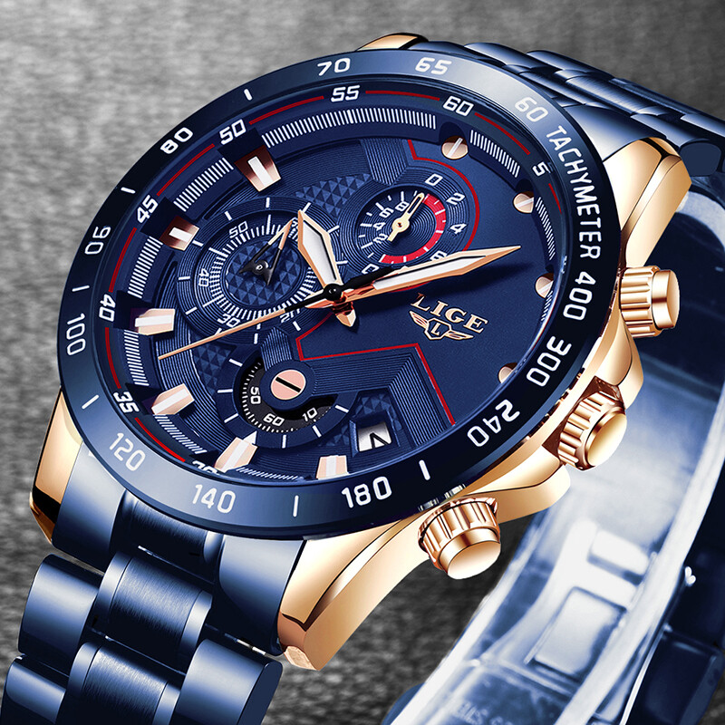 Montre Homme acier inoxydable LIGE Quartz Analogique étanche Lumineux date mode