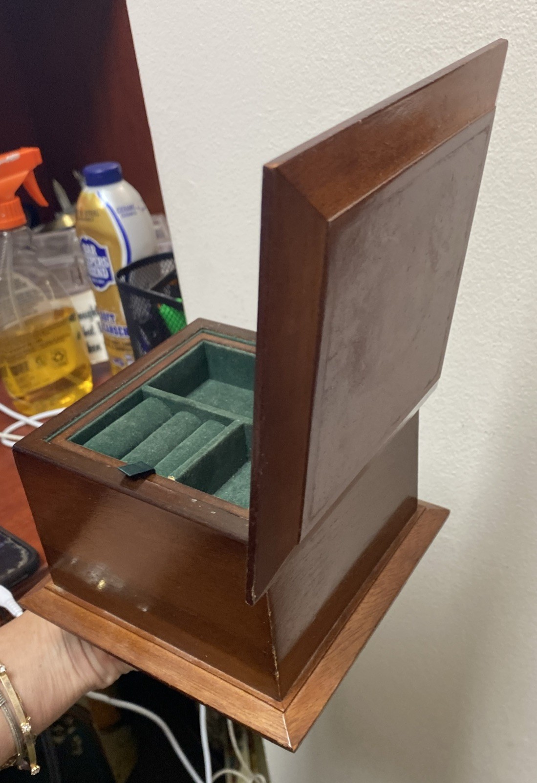 Wooden Jewelry Box 6x6x4″ Hinged Lid Two Levels Mirror Green Velvet Interior