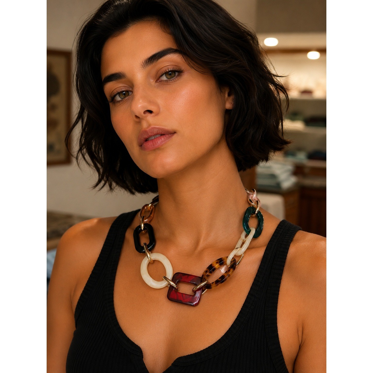 Chunky Acrylic Link Statement Necklace Multicolor Resin Gold Tone New Fashion