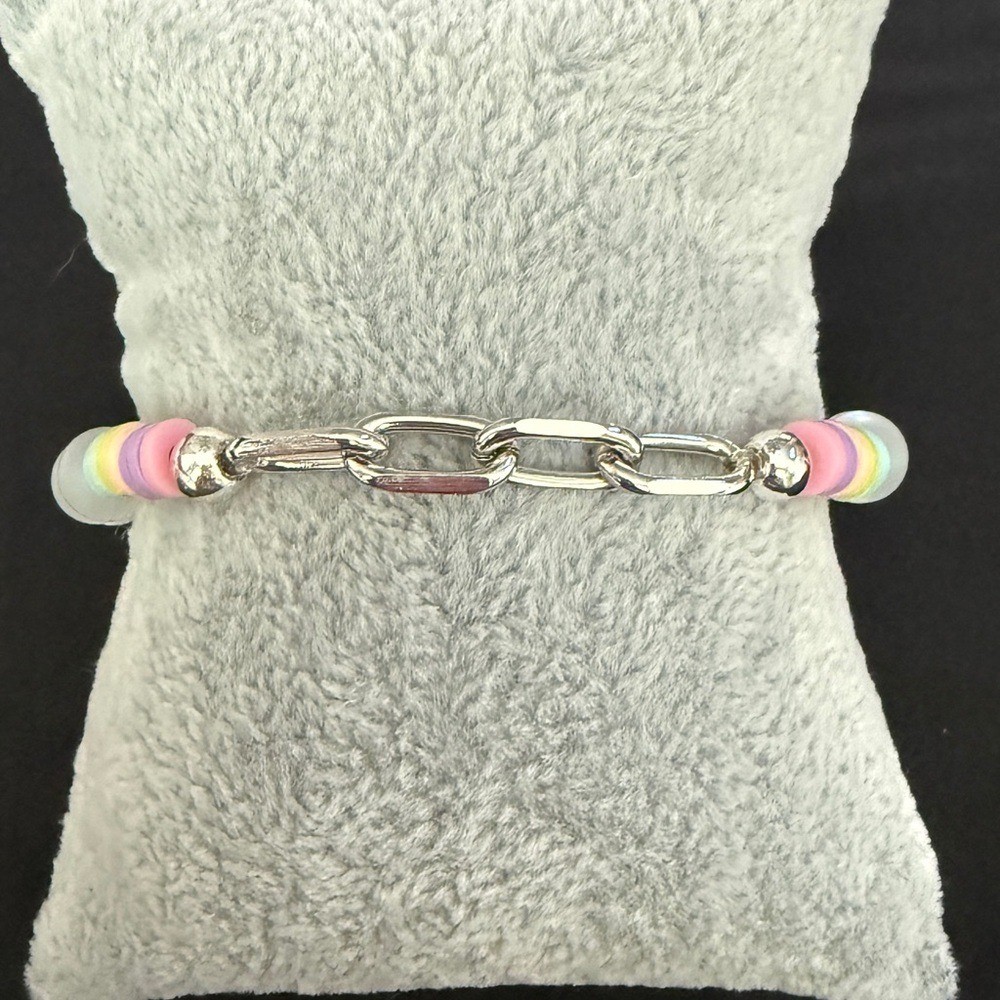 Mermaid Glass and Silver Paperclip Link Beaded Bracelet