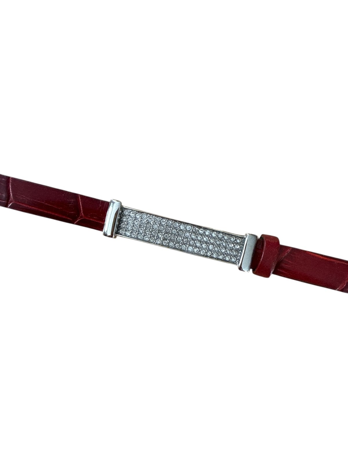 VERA PELLE Visage Designer Red Croc Leather Stainless Steel Rhinestone Bracelet