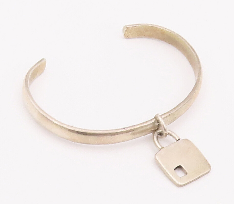 925 Sterling Silver Vintage Bracelet Minimalist Solid Dangling Lock Cuff BT10402