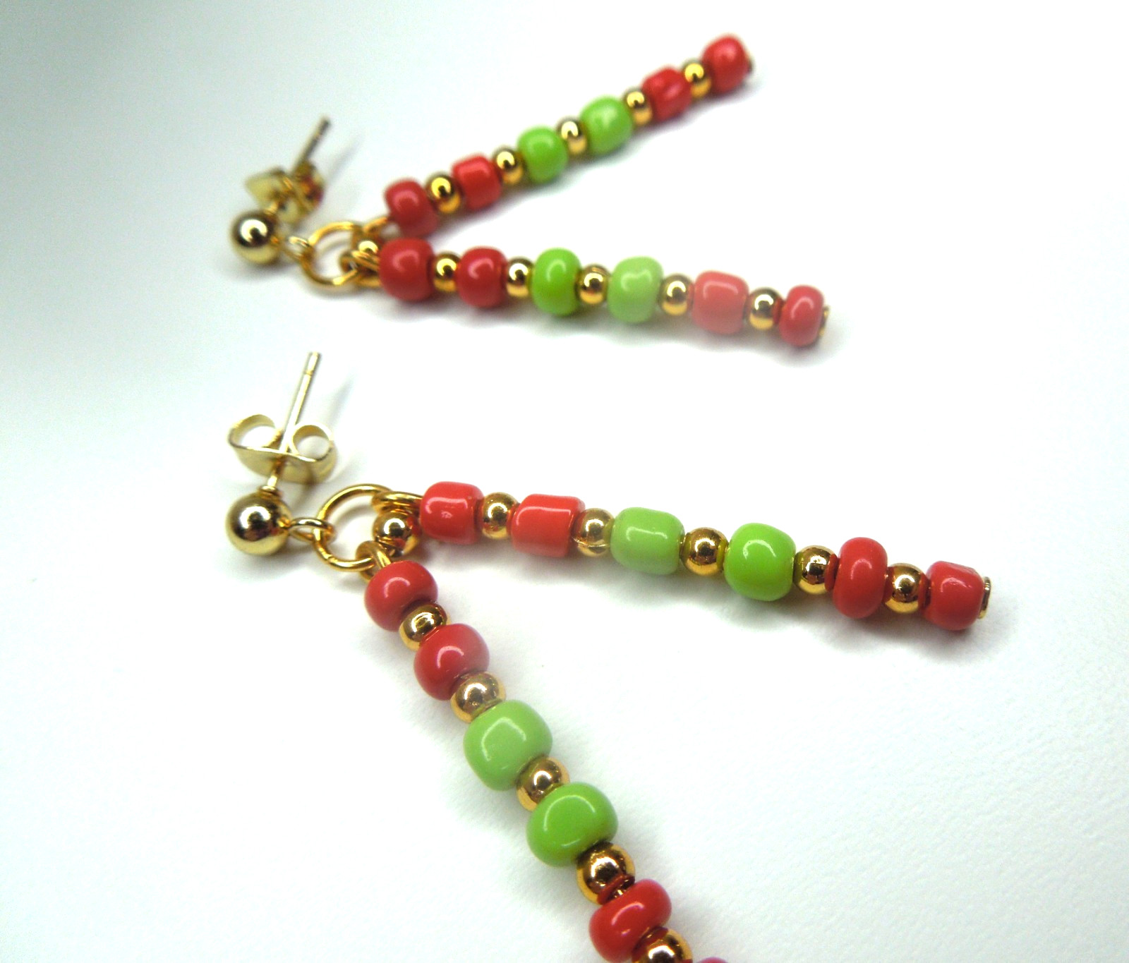 Red and Green Earrings 24K Gold Filled Posts Glass Seed Beads Handmade