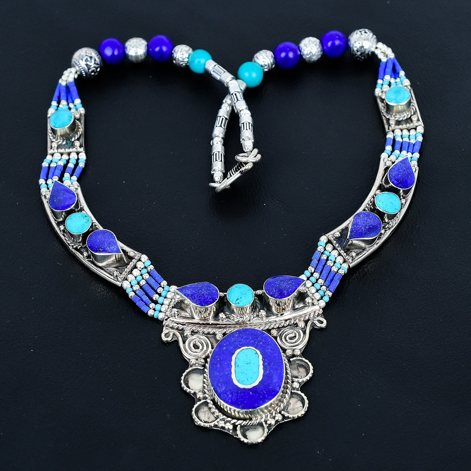 Turquoise Lapis Lazuli 925 Sterling Silver Handmade Tibetan Necklace 18″ PG116