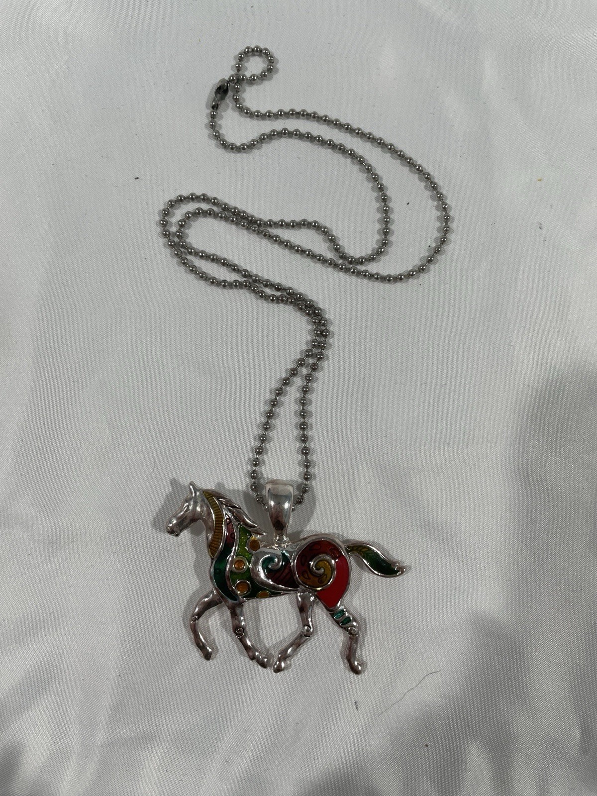Silver Tone Horse Charm Pendant Necklace, Ball/Bead Chain, Multicolor Enamel