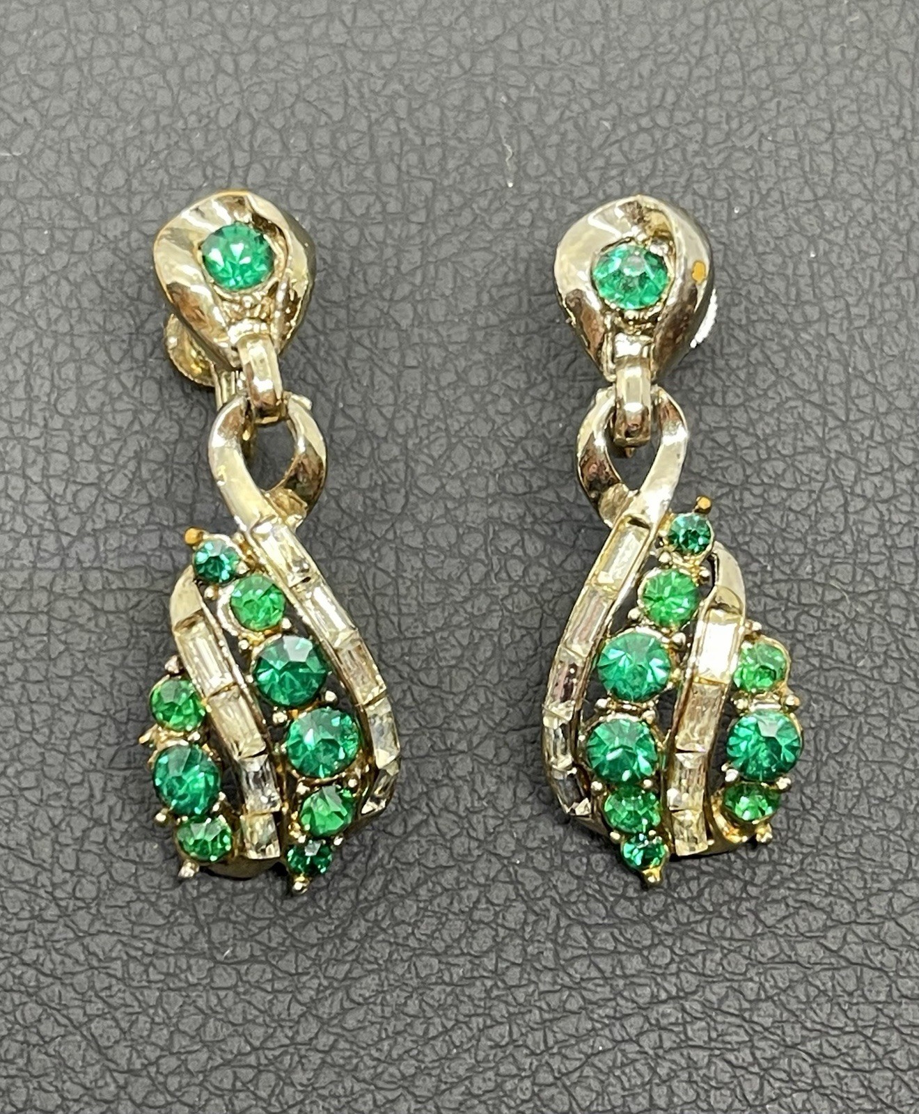 Coro Iconic MCM Channel Set Baguette Green White Rhinestone Screw back Earrings