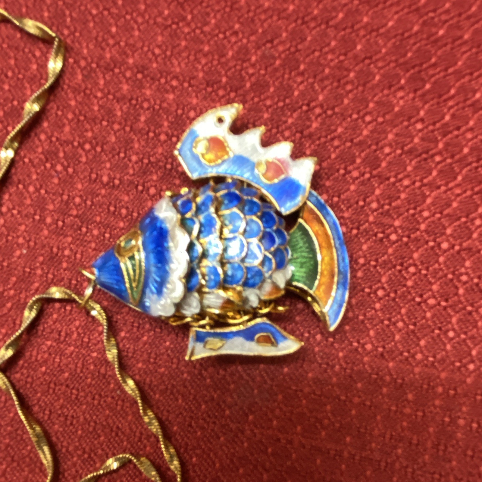 VTG Chinese Cloisonné Articulated Fish Pendant 25.5” Chain Reversible Blue