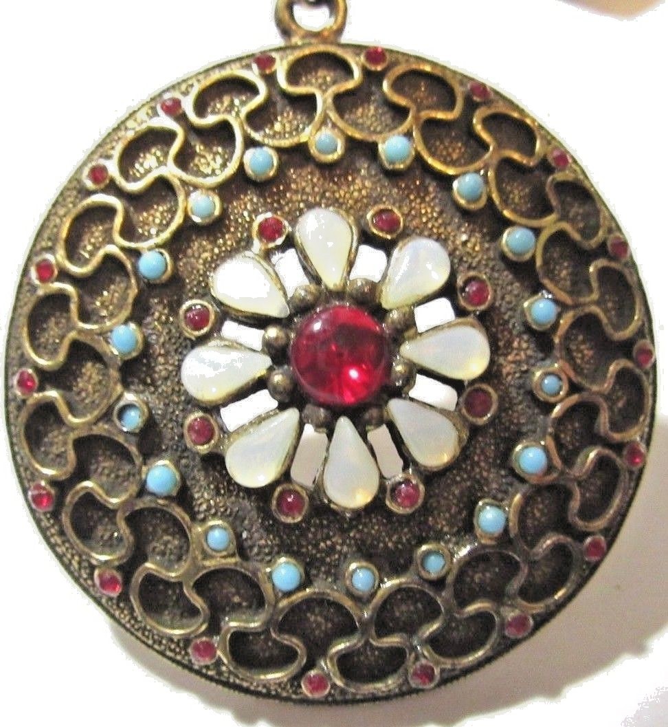 Fancy Pendant w White Blue and Red Stones Bronze Tone Vintage