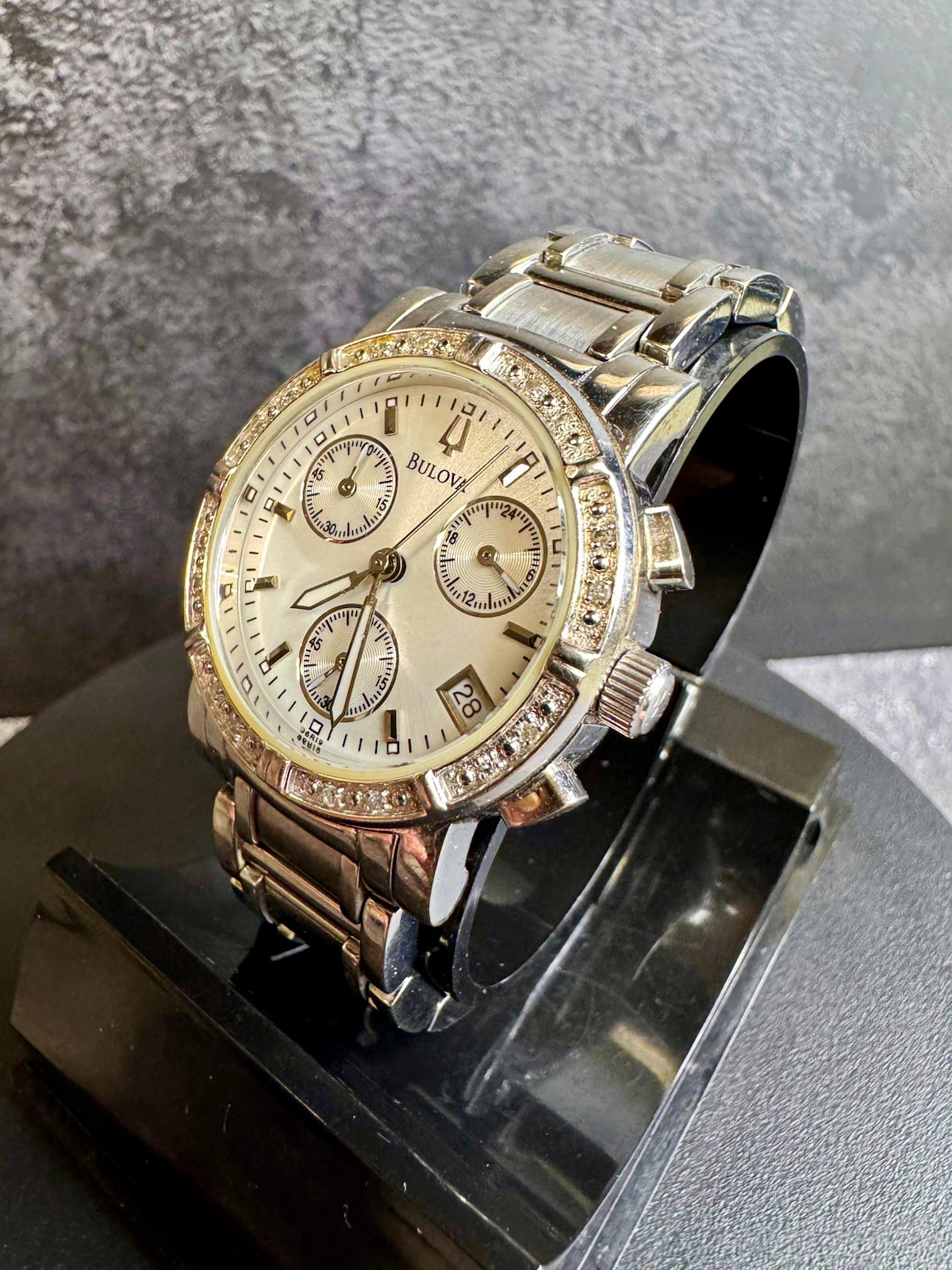 Bulova 96R19 Women’s 30mm Crystal Chronograph White Mother of Pearl Watch
