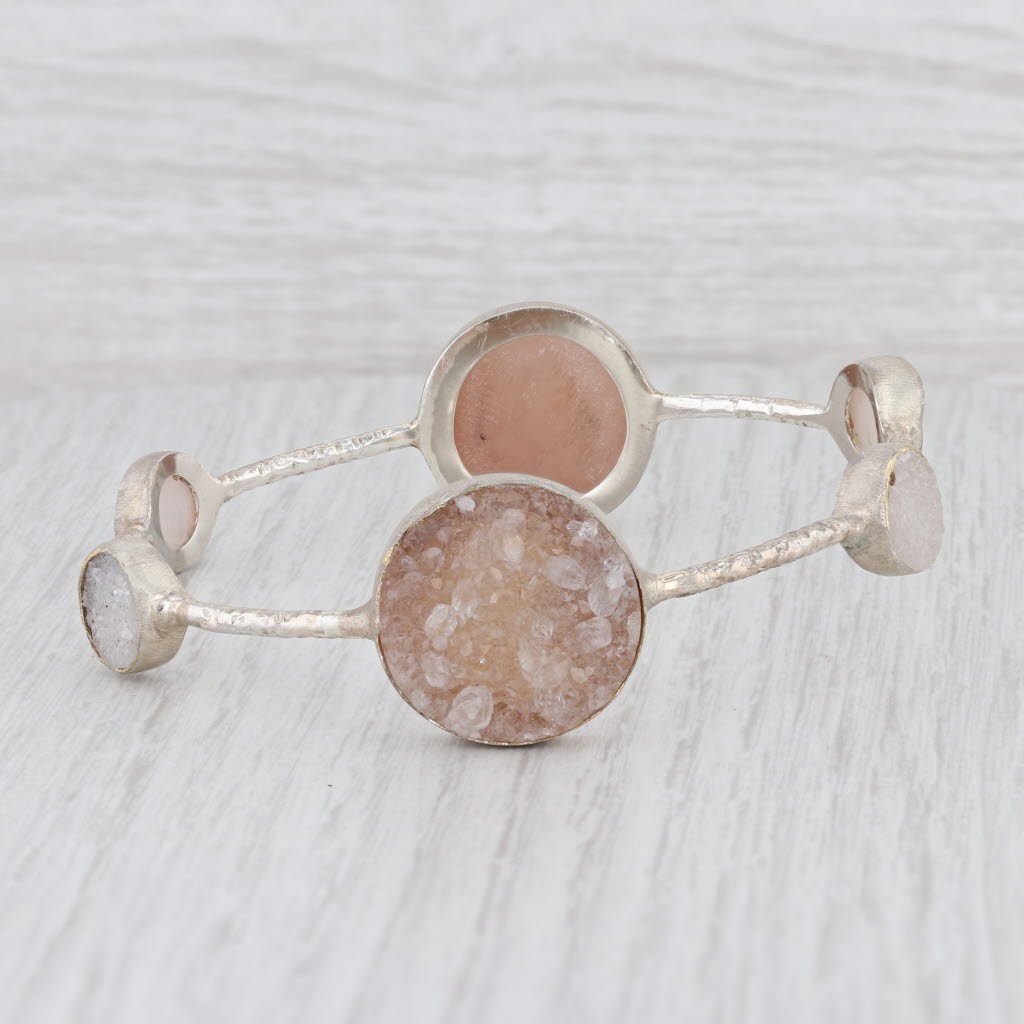 New Nina Wynn Bangle Bracelet 8″ Sand White Druzy Quartz Sterling Silver