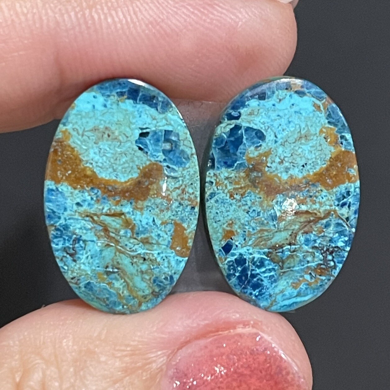 31ct 22×14.5×5.4mm Pair Of Green Blue Shattuckite Oval Cabochons Gems