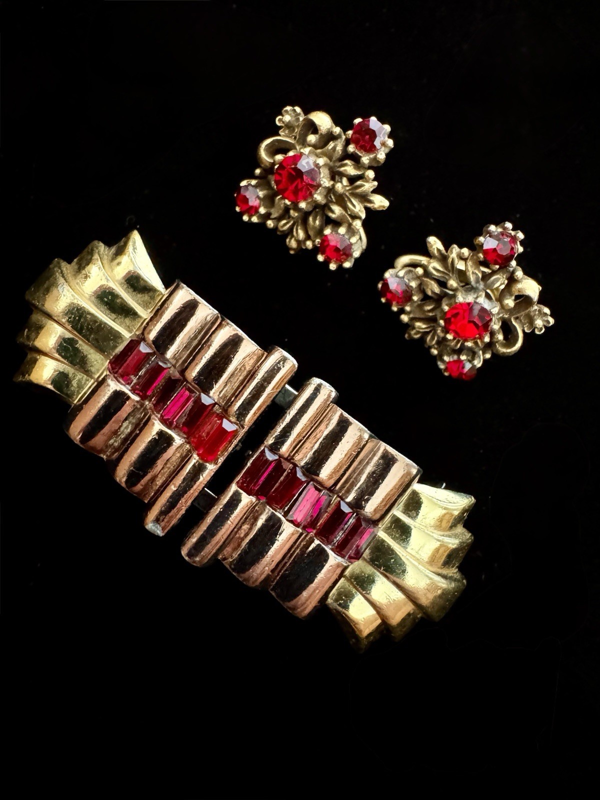 CORO Duette RUBY Red Rhinestone Brooch + Coro Floral Clip Earrings | Vintage Set